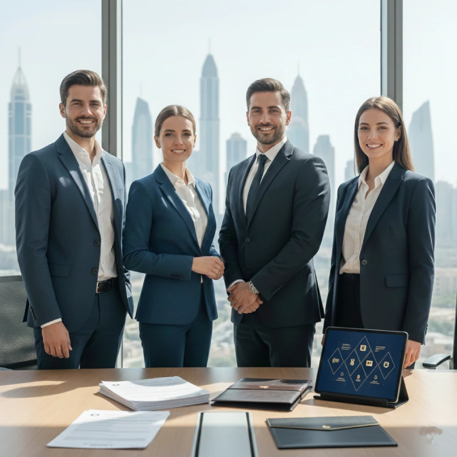 Vier Unternehmensvertreter stehen in einem modernen Büro mit Blick auf die Skyline und repräsentieren die Eröffnung von Bankkonten sowie die Unterstützung bei Finanzdienstleistungen.